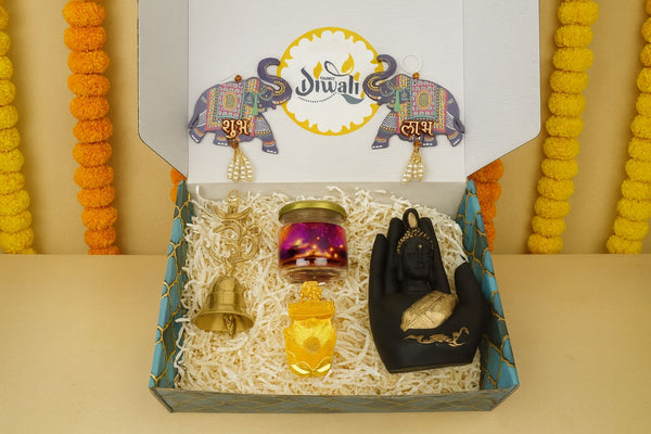 "Diwali Combo 4.0 – 2025 🎉 | Shubh Labh Latkan, Laxmi Ganesh Diya, Om Bell, Palm Buddha & Almonds – Premium Gift Set"