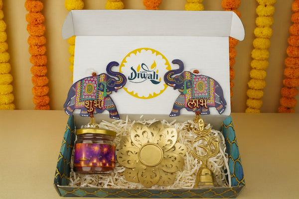 "Diwali Combo 6.0 – 2025 🎉 | Gold Leaf Tea Light, Om Bell, Shubh Labh Latkan & Almonds – Premium Gift Set"