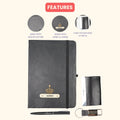 Classy Hardcover Diary + Classic Metal Pen + Classy Leather Metal Keychain + Classy Card Holder - Black