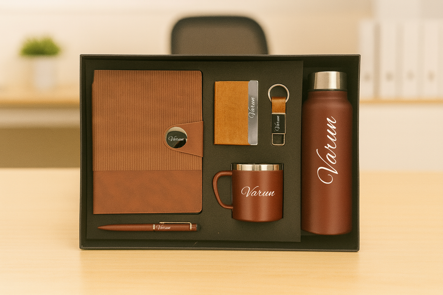Nexon Metal Flip Diary + Nexon Metal Pen + Classy Leather Metal Keychain + Classy Metal Card Holder + Classic Smart Bottle  + Stainless Steel Mug - BROWN