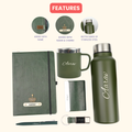 Classy Hardcover Diary + Classic Metal Pen + Classy Leather Metal Keychain + Classy Card Holder + Classic Smart Bottle  + Stainless Steel Mug - Green
