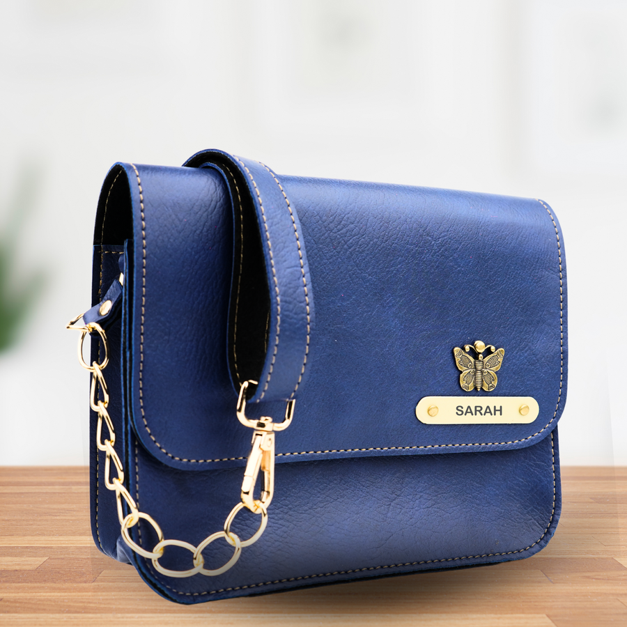 Personalized Nexon Leather Chained Sling Bag - Royal Blue