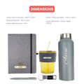 Classy Hardcover Diary + Classic Metal Pen + Classy Leather Metal Keychain + Classic Smart Bottle  +  Leather Sleeve Coffee Tumbler -Grey
