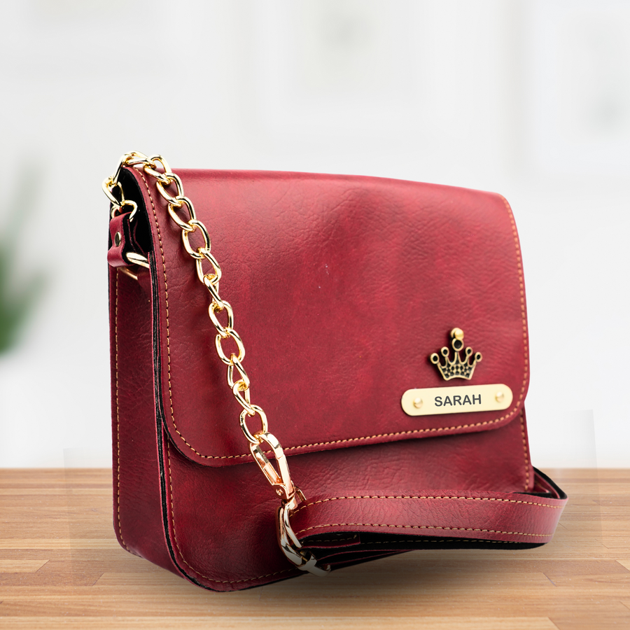 Personalized Nexon Leather Chained Sling Bag - Wine