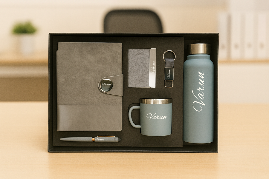 Nexon Metal Flip Diary + Nexon Metal Pen + Classy Leather Metal Keychain + Classy Metal Card Holder + Classic Smart Bottle  + Stainless Steel Mug - GREY
