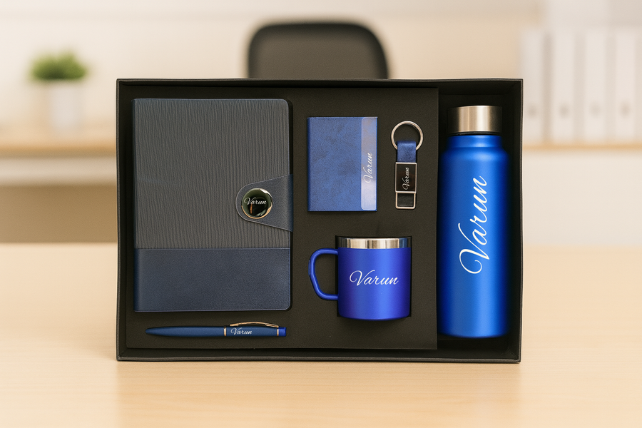 Nexon Metal Flip Diary + Nexon Metal Pen + Classy Leather Metal Keychain + Classy Metal Card Holder + Classic Smart Bottle  + Stainless Steel Mug - BLUE