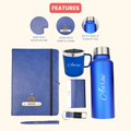 Classy Hardcover Diary + Classic Metal Pen + Classy Leather Metal Keychain + Classy Card Holder + Classic Smart Bottle  + Stainless Steel Mug - BLUE