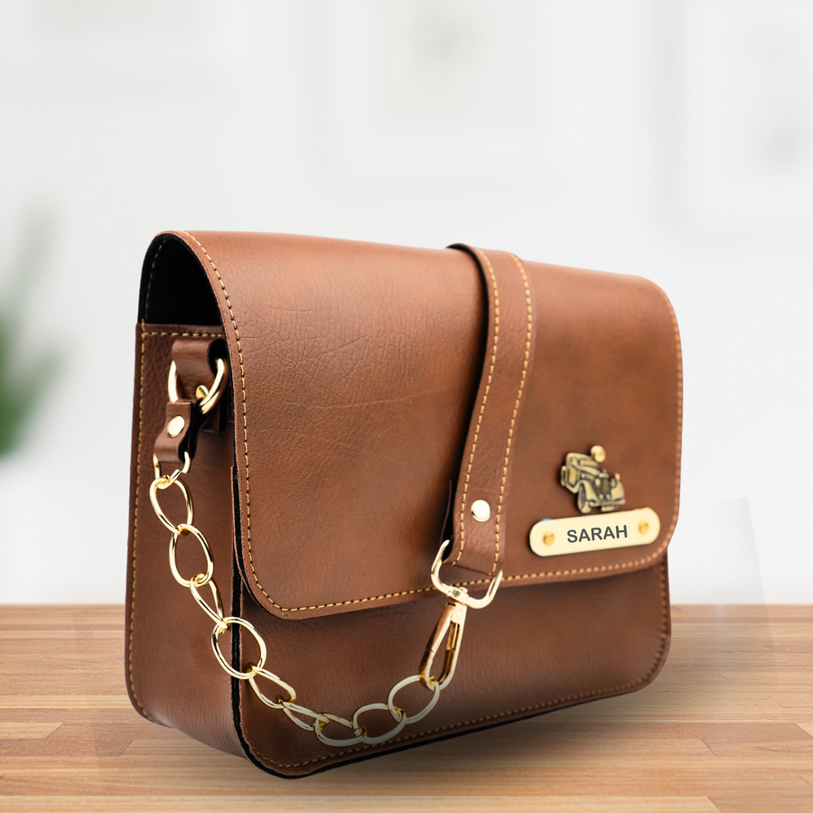 Personalized Nexon Leather Chained Sling Bag - Tan