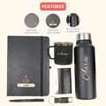 Classy Hardcover Diary + Classic Metal Pen + Classy Leather Metal Keychain + Classy Card Holder + Classic Smart Bottle  + Stainless Steel Mug - Black