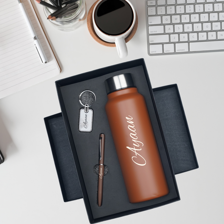 Classic Metal Pen+Classic Leather Metal Keychain+Classic Smart Bottle-TAN