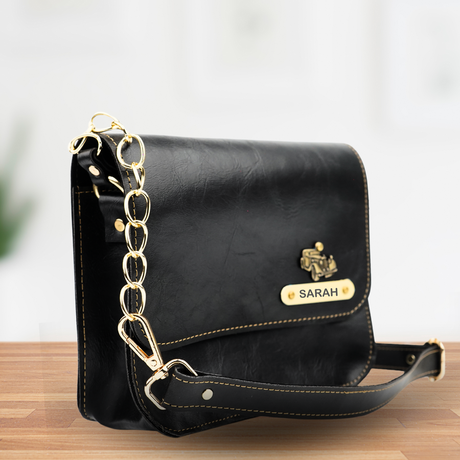 Personalized Nexon Leather Chained Sling Bag - Black