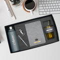 Classy Hardcover Diary + Classic Metal Pen + Classy Leather Metal Keychain + Classic Smart Bottle  +  Leather Sleeve Coffee Tumbler -Grey