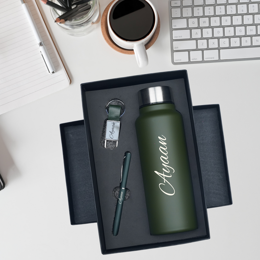 Classic Metal Pen+Classic Leather Metal Keychain+Classic Smart Bottle-Green