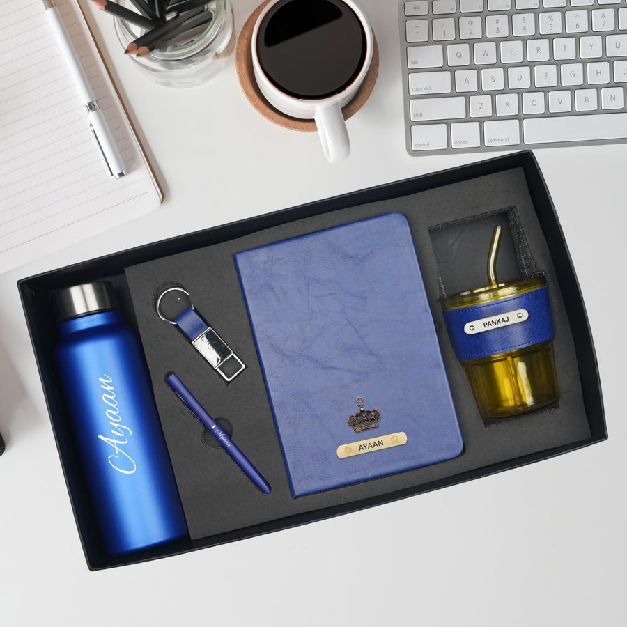 Classy Hardcover Diary + Classic Metal Pen + Classy Leather Metal Keychain + Classic Smart Bottle  +  Leather Sleeve Coffee Tumbler -Blue