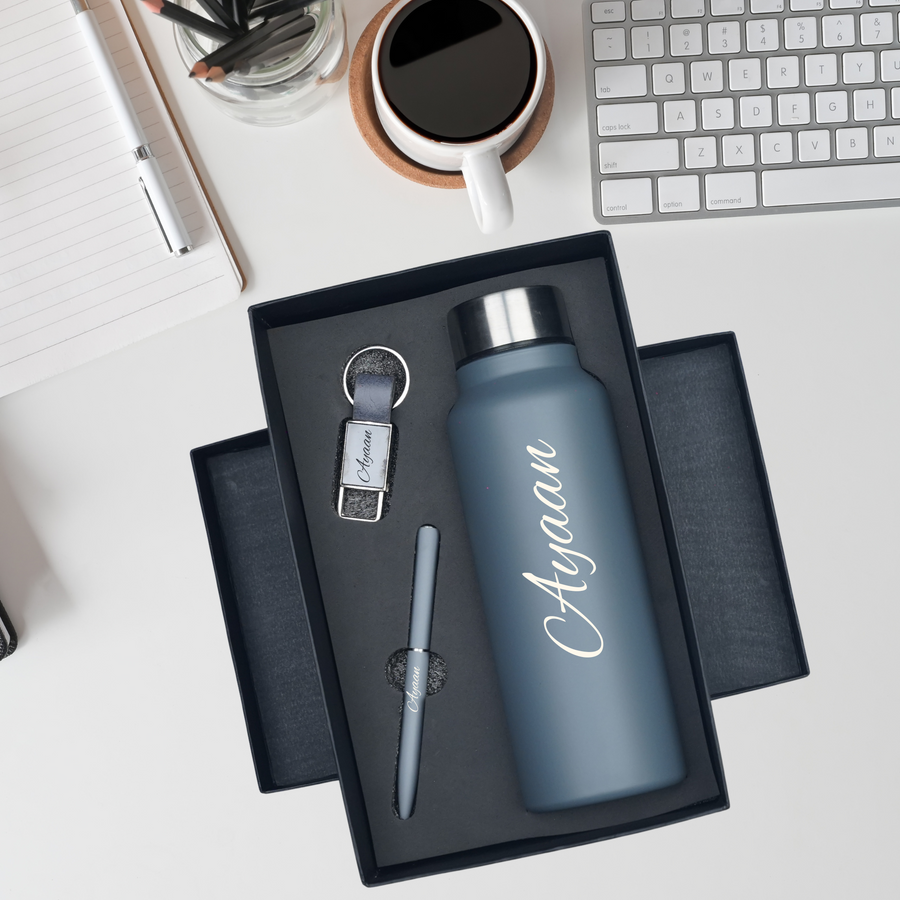 Classic Metal Pen+Classic Leather Metal Keychain+Classic Smart Bottle-Grey