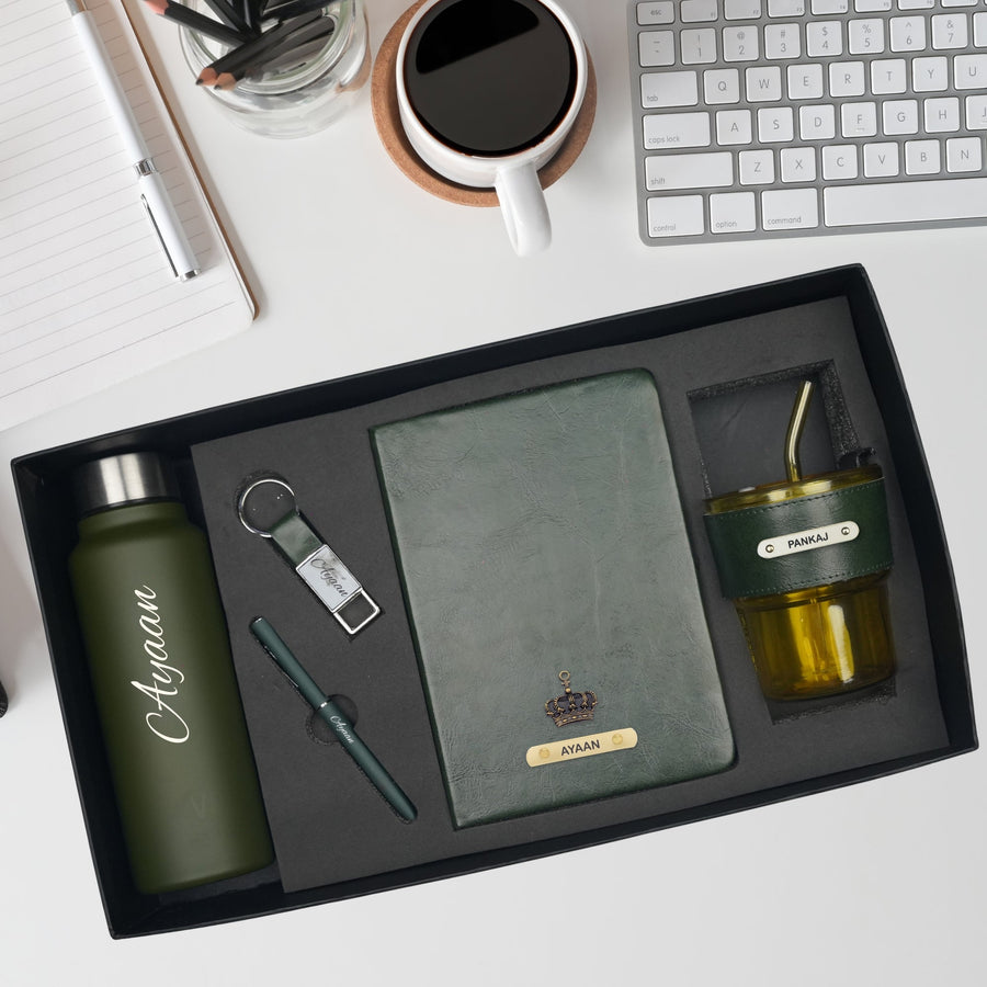 Classy Hardcover Diary + Classic Metal Pen + Classy Leather Metal Keychain + Classic Smart Bottle  +  Leather Sleeve Coffee Tumbler -Green