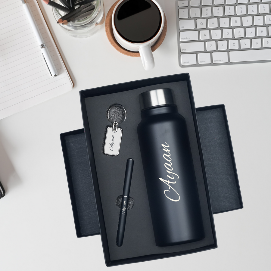 Classic Metal Pen+Classic Leather Metal Keychain+Classic Smart Bottle-Black