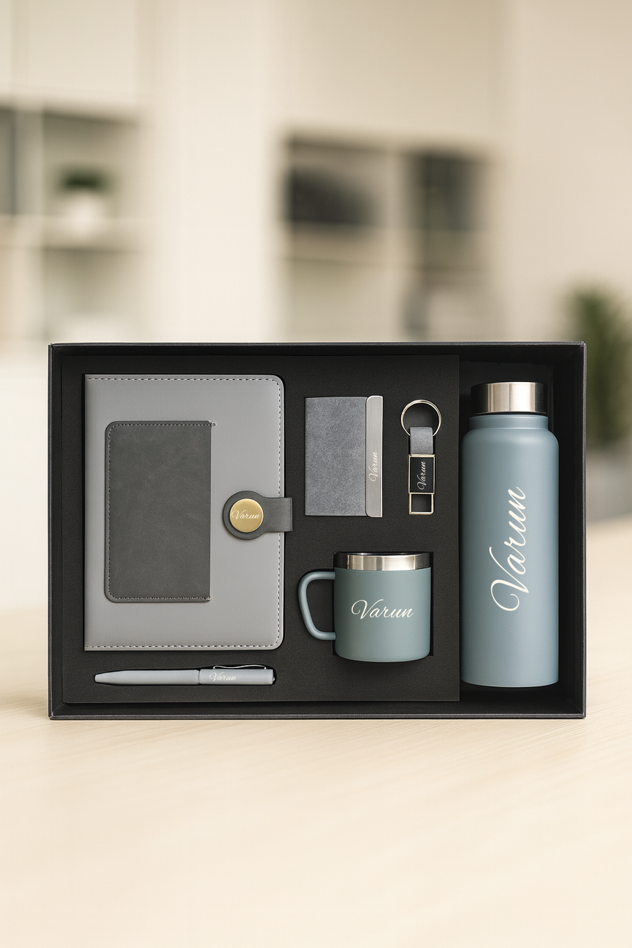 Dual Shade Diary + Classic Metal Pen + Classy Leather Metal Keychain + Classy Card Holder + Classic Smart Bottle  + Stainless Steel Mug - GREY
