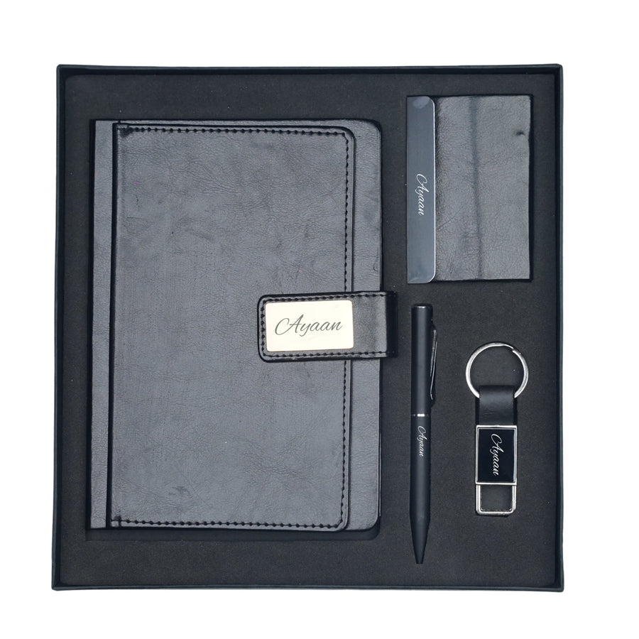Classy Executive Diary + Classic Metal Pen + Classy Leather Metal Keychain + Classy Card Holder - Black