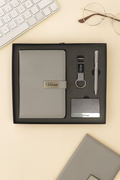Classy  Metal Flip Diary + Classic Metal Pen + Classy Leather Metal Keychain +Classy Card Holder - GREY