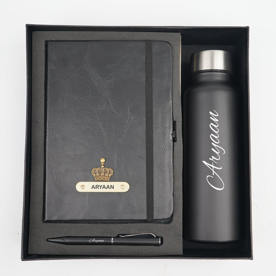 Classy Hardcover Diary + Classic Metal Pen + Classic Smart Bottle - Black