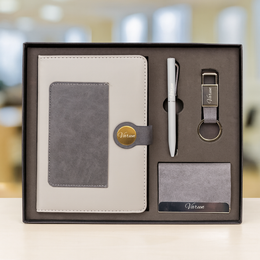Dual Shade Diary + Classic Metal Pen + Classy Leather Metal Keychain +Classy Card Holder- GREY