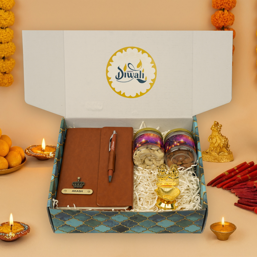 "Personalized Diwali Gift Hamper 1.0-TAN✨ Diary with Pen, Almond & Kaju Jars, Laxmi Ganesh Diya, Designer Box | Customizable Gift Hamper for Festive & Corporate Gifting 🎁