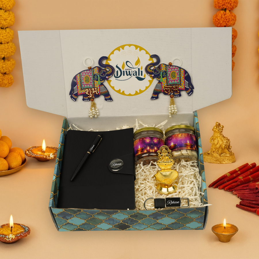 "Personalized Diwali Gift Hamper 3.0-BLACK✨ Nexon Flip Diary, Brass Pen, Metal Keychain, Laxmi Ji Diya, Shubh Labh Latkan, Kaju & Almond Jars, Designer Box | Festive & Corporate Gift Hamper 🎁
