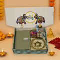 "Personalized Diwali Gift Hamper 4.0-GREEN✨ Metal Flip Diary, Kacchua with Glass Plate Lucky Charm, Peacock Tea Light Candle, Shubh Labh Latkan, Almond Jar & Designer Box | Festive Gift Hamper 🎁