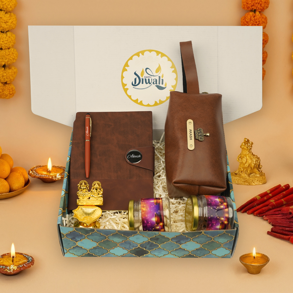 "Personalized Diwali Gift Hamper 10.0-BROWN✨ Nexon Gift Hamper – Flip Diary, Pen, Pouch, Laxmi Ganesh Metal Diya, Almond & Kaju Jars, Designer Box | Festive & Corporate Gifting 🎁