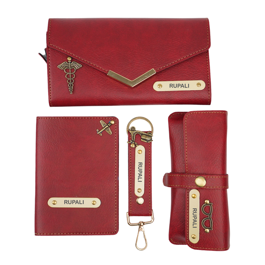 Nexon Ladies 4 Pc Combo (Lady Wallet 1.0, Passport, Eyewear, Keychain) (Wine Red)