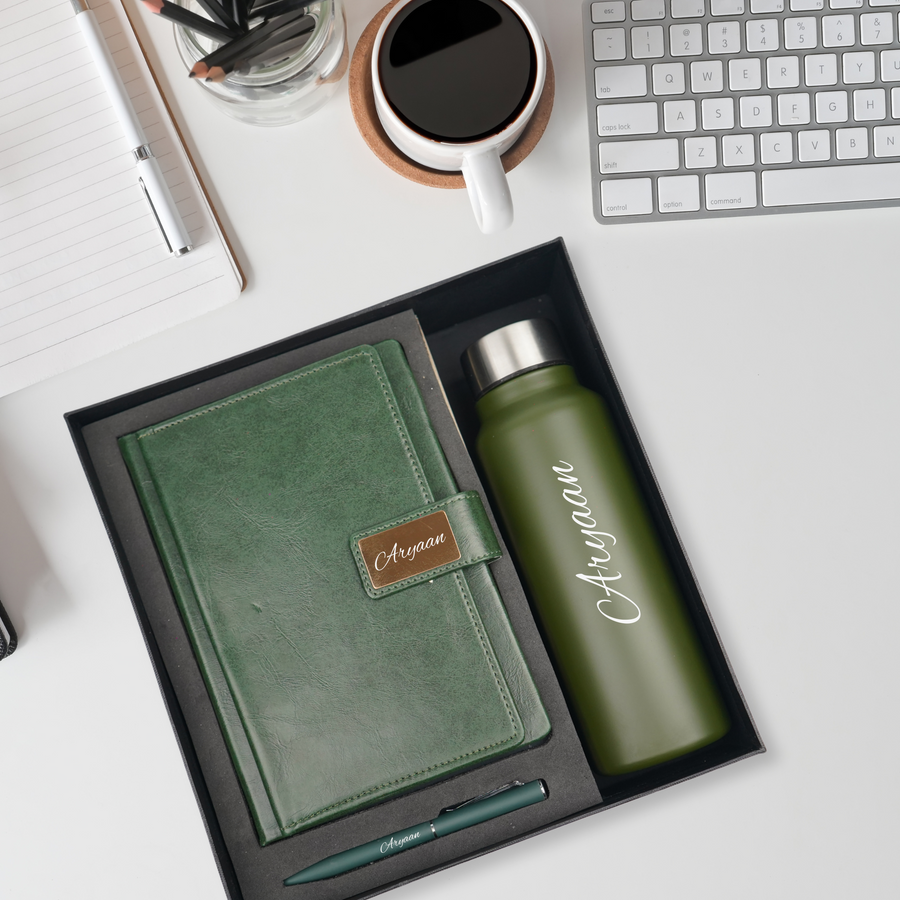 Classy Executive Diary + Classic Metal Pen + Classic Smart Bottle  - Green