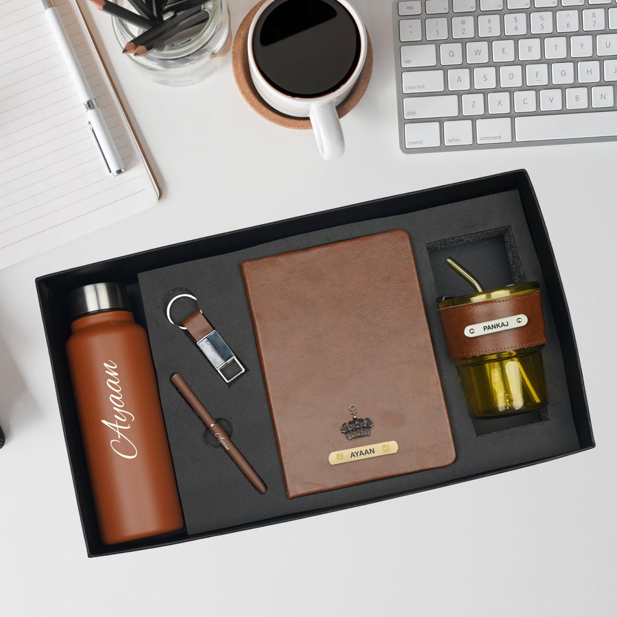 Classy Hardcover Diary + Classic Metal Pen + Classy Leather Metal Keychain + Classic Smart Bottle  +  Leather Sleeve Coffee Tumbler -TAN
