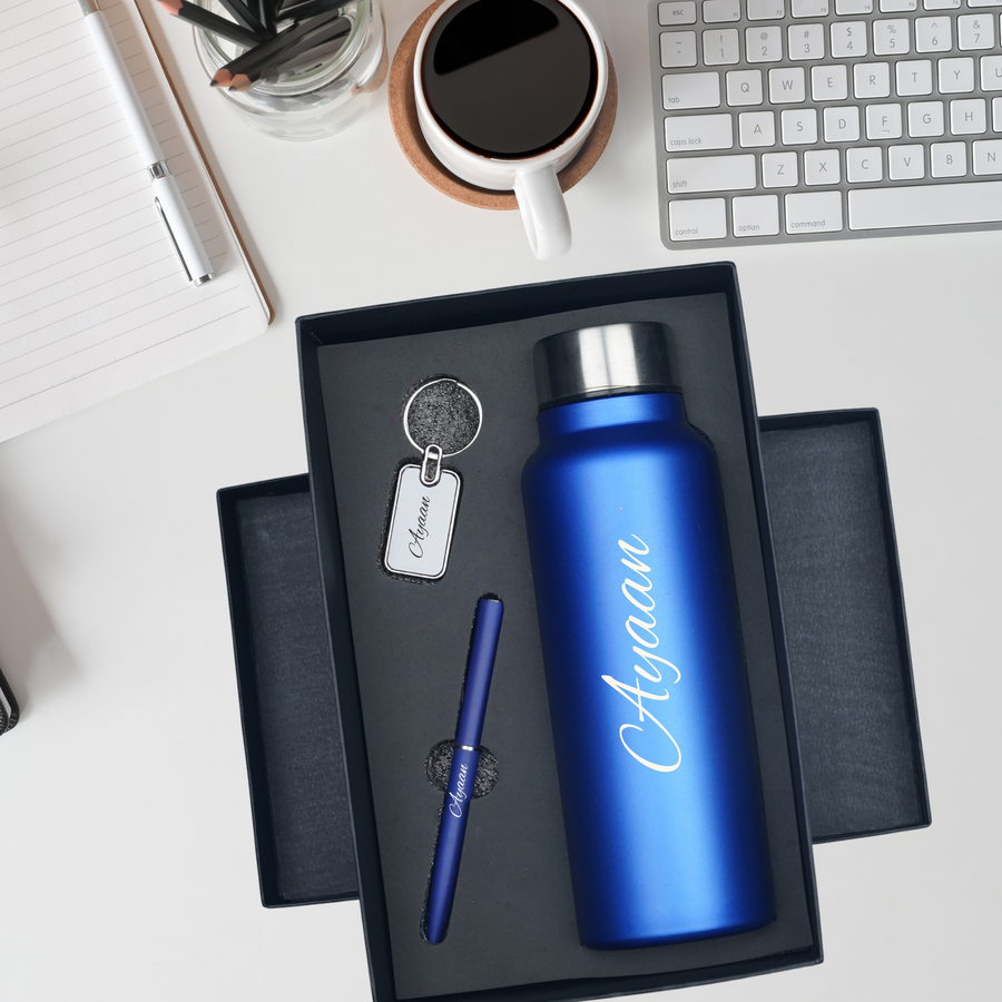 Classic Metal Pen+Classic Leather Metal Keychain+Classic Smart Bottle-Blue