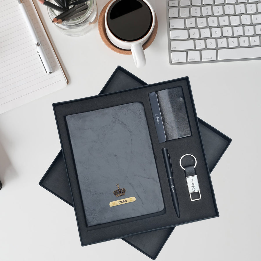 Classy Hardcover Diary + Classic Metal Pen + Classy Leather Metal Keychain + Classy Card Holder - Black
