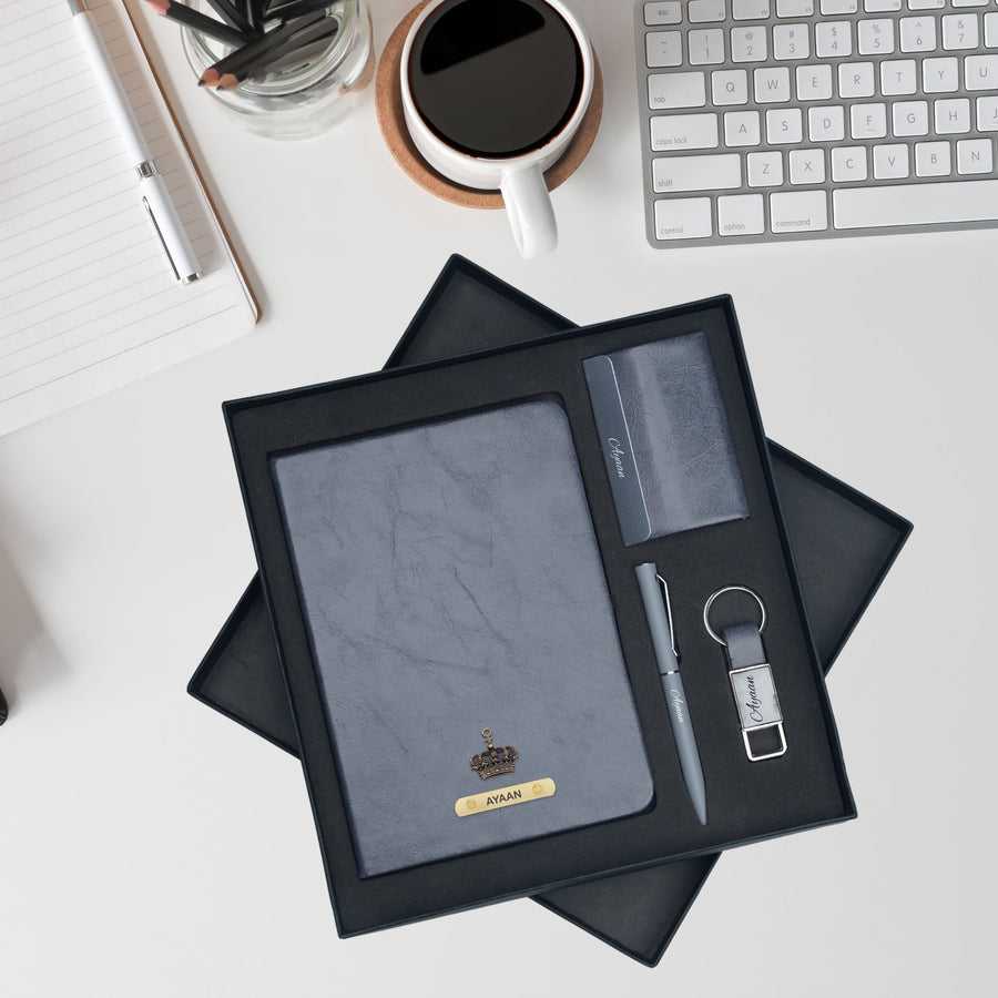 Classy Hardcover Diary + Classic Metal Pen + Classy Leather Metal Keychain + Classy Card Holder - Grey
