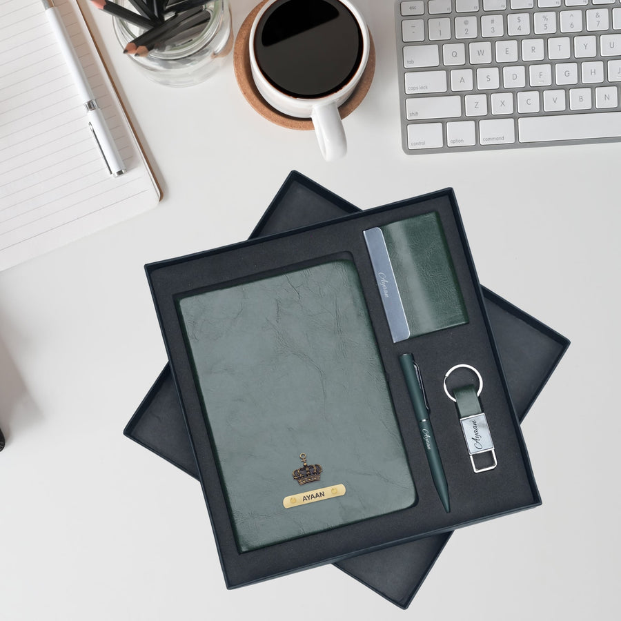 Classy Hardcover Diary + Classic Metal Pen + Classy Leather Metal Keychain + Classy Card Holder - Green