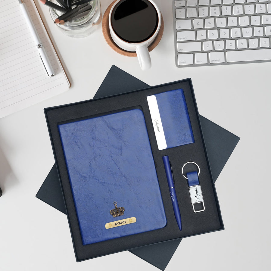 Classy Hardcover Diary + Classic Metal Pen + Classy Leather Metal Keychain + Classy Card Holder - Blue