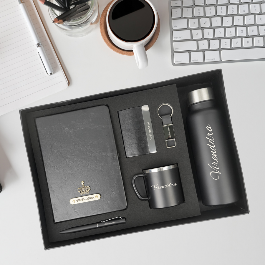 Classy Hardcover Diary + Classic Metal Pen + Classy Leather Metal Keychain + Classy Card Holder + Classic Smart Bottle  + Stainless Steel Mug - Black