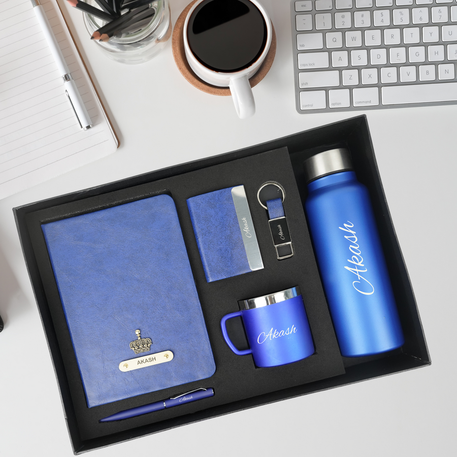 Classy Hardcover Diary + Classic Metal Pen + Classy Leather Metal Keychain + Classy Card Holder + Classic Smart Bottle  + Stainless Steel Mug - BLUE