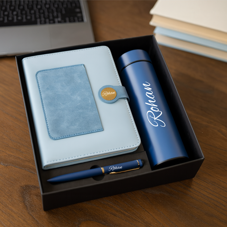 Dual Shade Diary+ Classic Metal Pen+ Temperature Bottle-BLUE