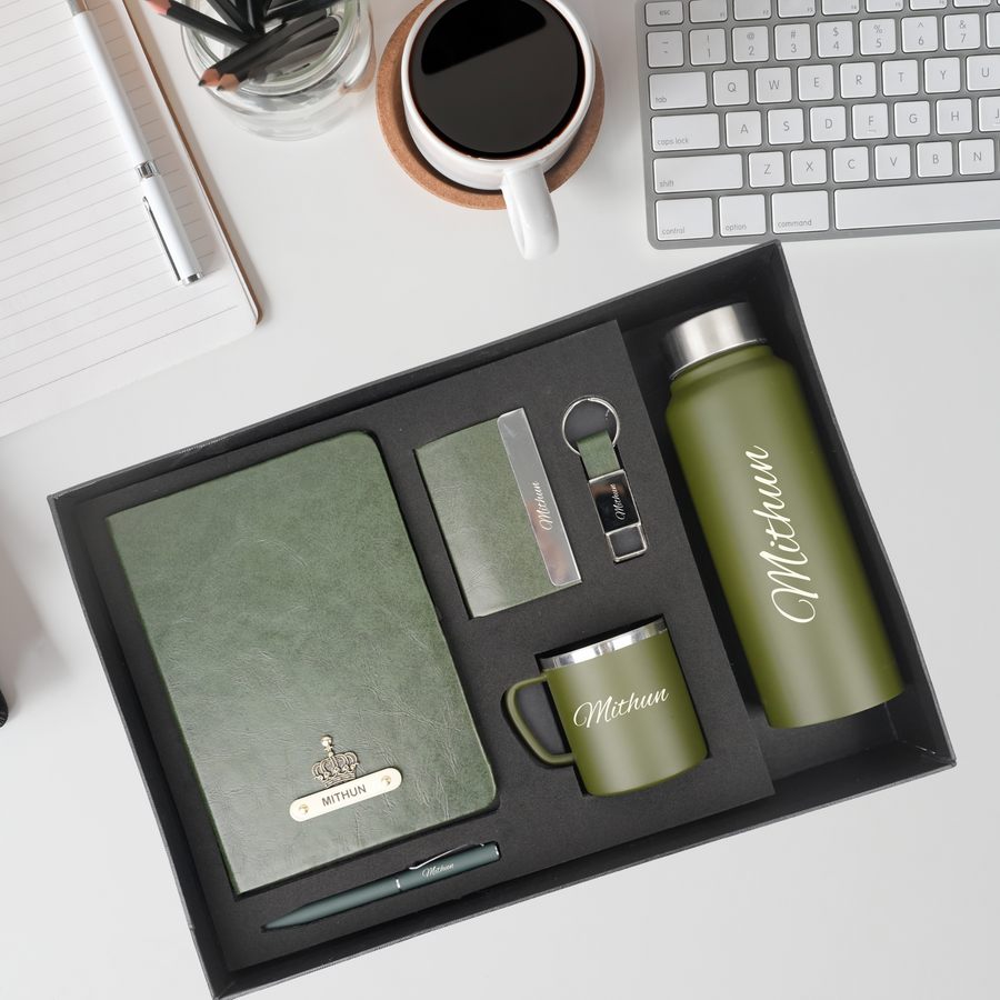 Classy Hardcover Diary + Classic Metal Pen + Classy Leather Metal Keychain + Classy Card Holder + Classic Smart Bottle  + Stainless Steel Mug - Green