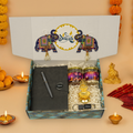 "Personalized Diwali Gift Hamper 3.0-GREY✨ Nexon Flip Diary, Brass Pen, Metal Keychain, Laxmi Ji Diya, Shubh Labh Latkan, Kaju & Almond Jars, Designer Box | Festive & Corporate Gift Hamper 🎁