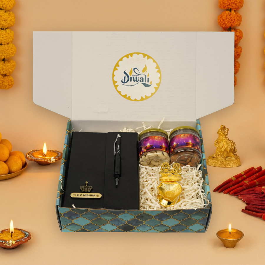 "Personalized Diwali Gift Hamper 1.0-BLACK✨ Diary with Pen, Almond & Kaju Jars, Laxmi Ganesh Diya, Designer Box | Customizable Gift Hamper for Festive & Corporate Gifting 🎁