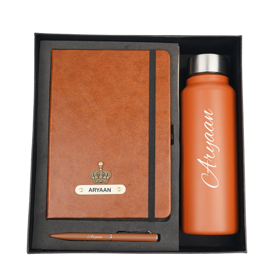 Classy Hardcover Diary + Classic Metal Pen + Classic Smart Bottle - Tan