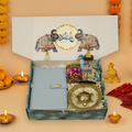 "Personalized Diwali Gift Hamper 4.0-BLUE✨ Metal Flip Diary, Kacchua with Glass Plate Lucky Charm, Peacock Tea Light Candle, Shubh Labh Latkan, Almond Jar & Designer Box | Festive Gift Hamper 🎁
