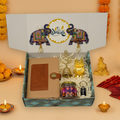 "Personalized Diwali Gift Hamper 2.0-TANN“Dual Shade Diary, Metal Keychain, Om Brass Bell, Laxmi Ganesh Diya, Almond Jar & Shubh Labh Latkan – Festive Gift Box”
