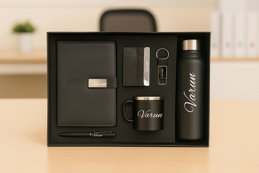 Classy Metal Flip Diary + Classic Metal Pen + Classy Leather Metal Keychain + Classy Card Holder + Classic Smart Bottle  + Stainless Steel Mug - BLACK