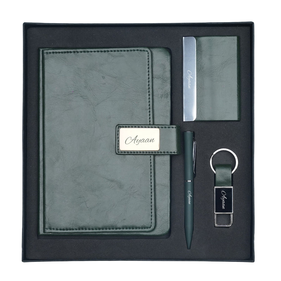 Classy Executive Diary + Classic Metal Pen + Classy Leather Metal Keychain + Classy Card Holder - Green