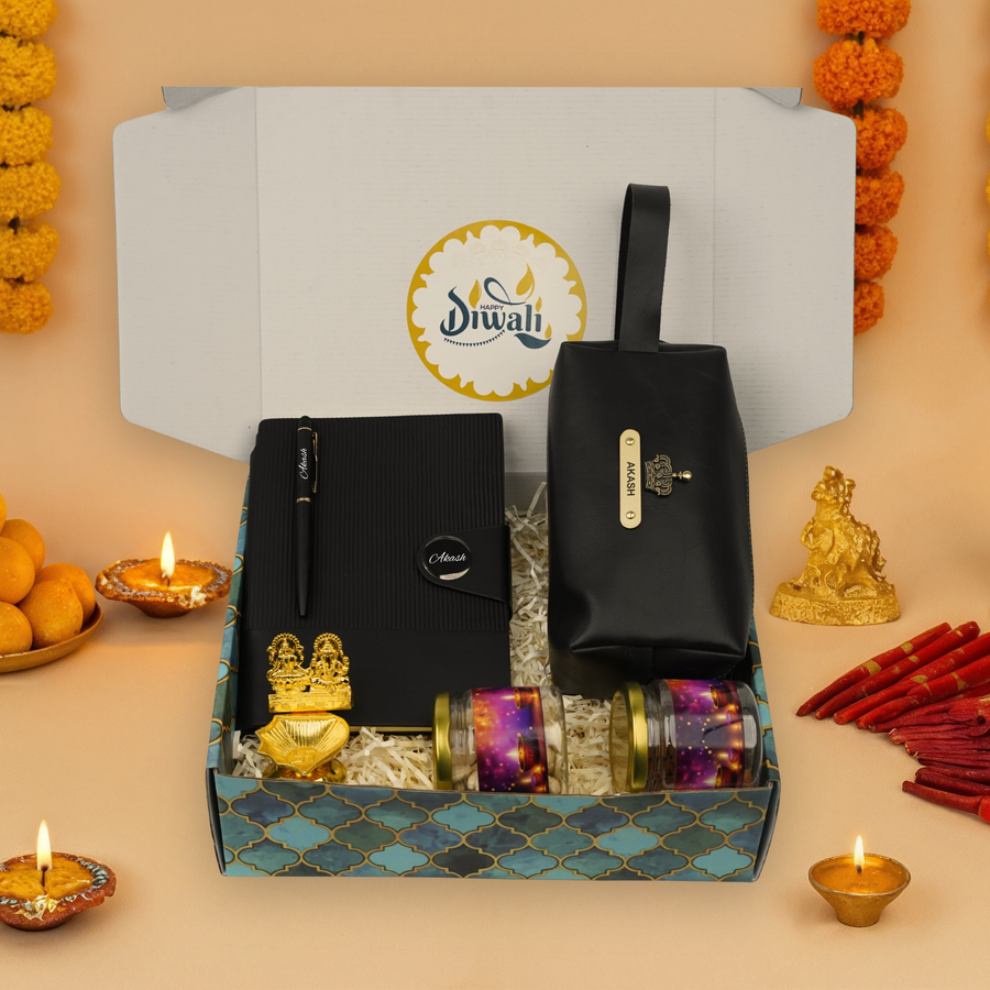 "Personalized Diwali Gift Hamper 10.0-BLACK✨ Nexon Gift Hamper – Flip Diary, Pen, Pouch, Laxmi Ganesh Metal Diya, Almond & Kaju Jars, Designer Box | Festive & Corporate Gifting 🎁
